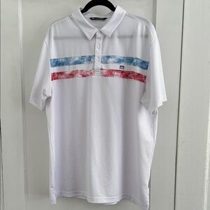 Travis Mathew White Polo with Red and Blue Accents